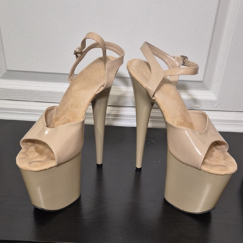Pleaser Beige Patent Platform Sandals with Ankle Strap - Picture 2 of 11